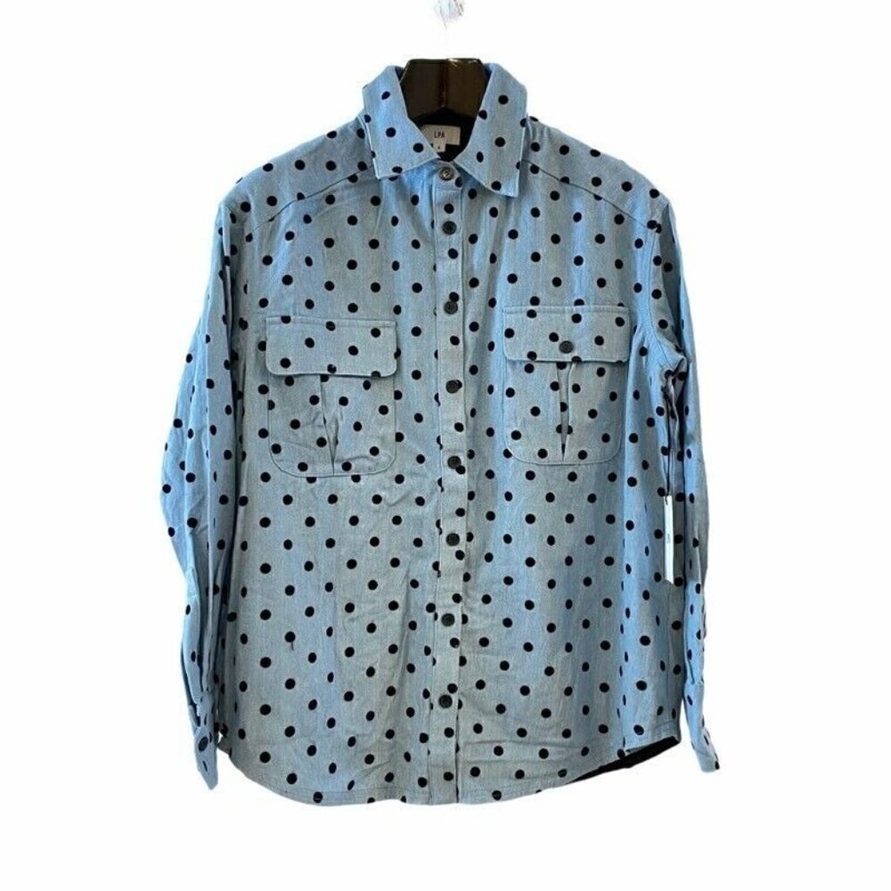 NEW LPA Denim Button Front Shirt Top Blue Polkadot XXS
